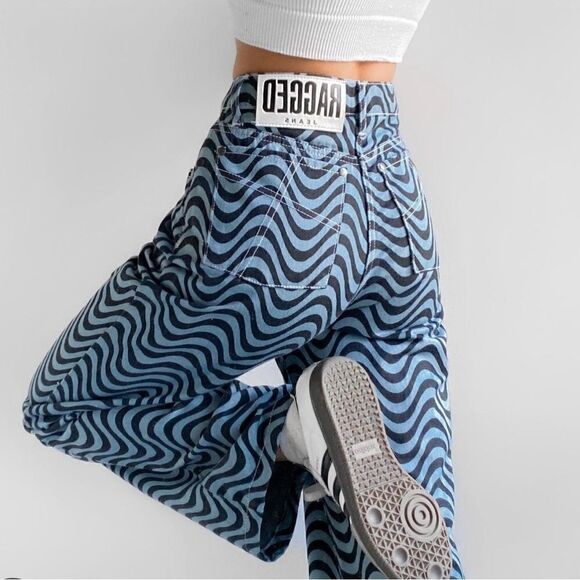NWOT The Ragged Priest Blue/Black Wave High Waist Straight Leg Jeans --‎ … - Picture 3 of 10